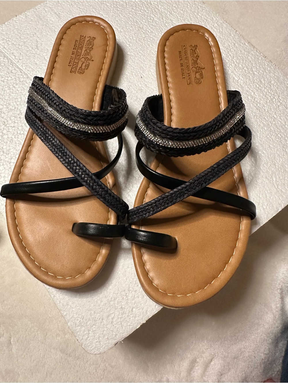 Coach and Four Black Braided Toe-Loop Sandals with Tan Footbed
